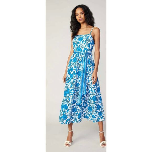 Current Air Blue Linen Floral Printed Spaghetti Strap Midi Dress Waist Tie Sz L - Picture 1 of 16